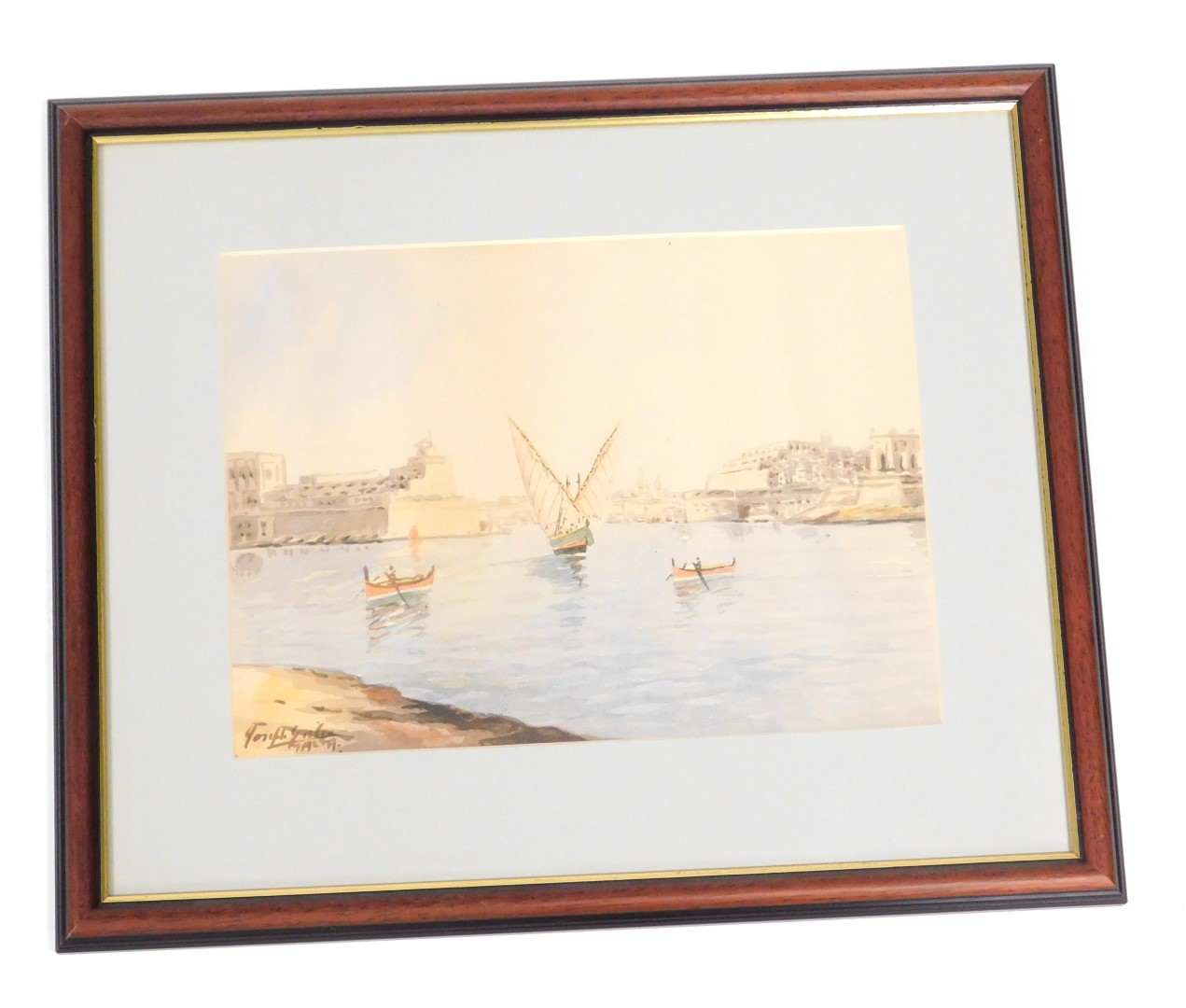Joseph Galea (Malta, b.1904). Valetta harbour, watercolour, signed, 20cm x 27.5cm. - Image 2 of 3