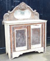 A Victorian stained and cream painted pine chiffonier, with a foliate carved mirror, inset bevelled