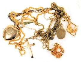 Six various gold and yellow metal pendants and necklets, tangled, total weight 18.58g all in.