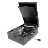 An HMV black cased table top gramophone.