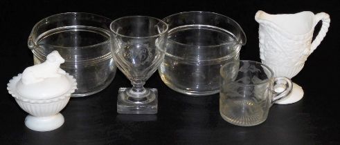 A pair of Regency cut glass wine rinsers, cut glass rummer with etched monogram, Sowerby moulded gla