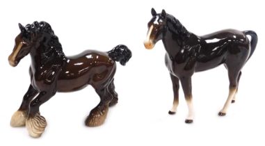 A Beswick pottery figure of a cantering Shire horse, brown gloss, printed marks, and a further figur