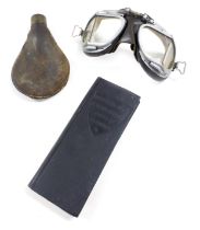 A pair of Stadium brown leather driving goggles, brass and leather shot flask and Hoppus's Measurer,