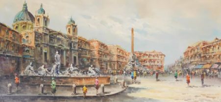 Italian school (late 20thC). Piazza Navona, Rome, oil on canvas, 60cm x 120cm.