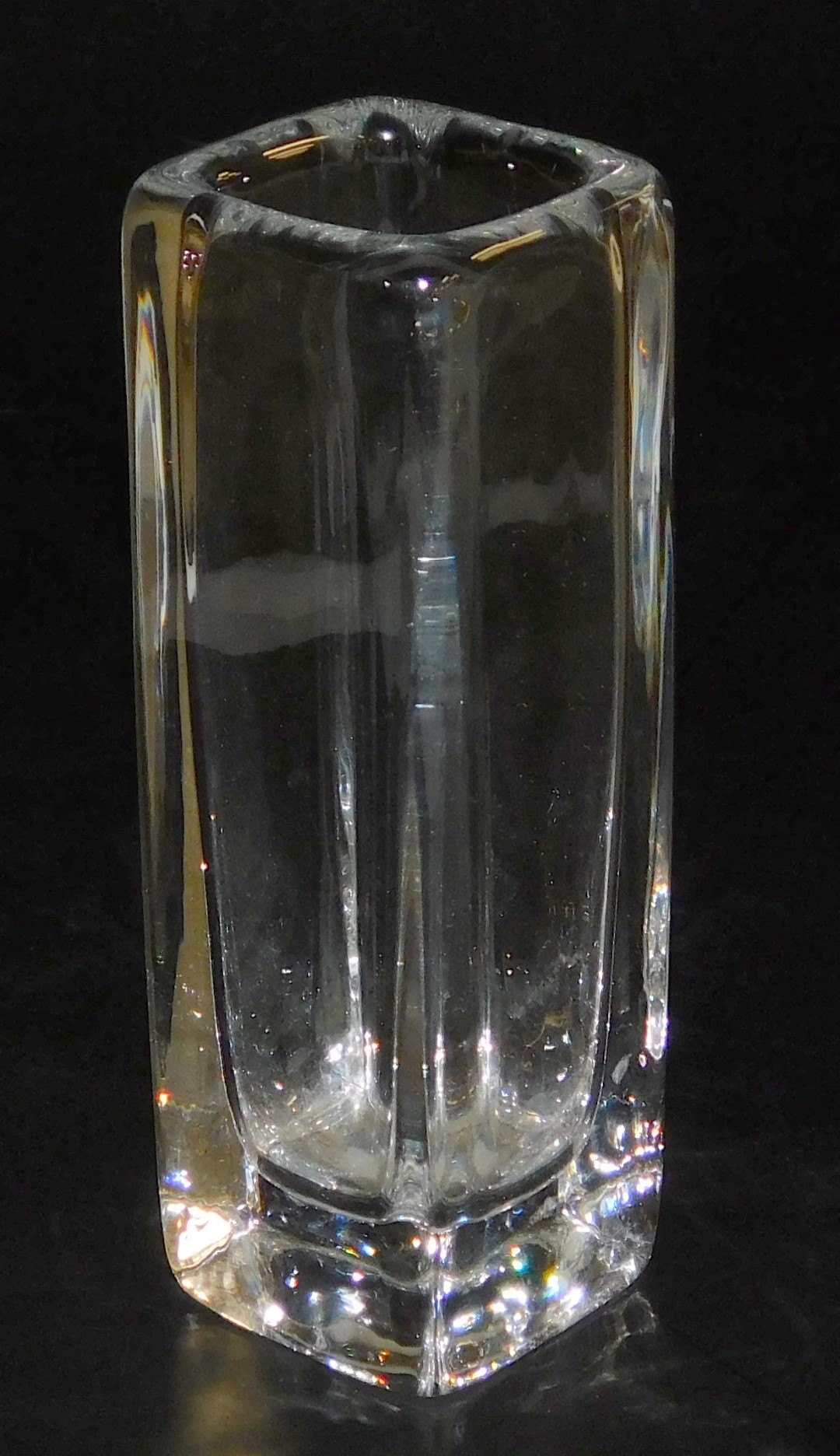 An Orrefors glass vase, designed by Nils Landberg of elongated cube form, number 396-121, etched mar