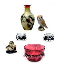 A Beswick pottery figure of a barn owl, number 2026, together with a Victorian cranberry glass bowl,