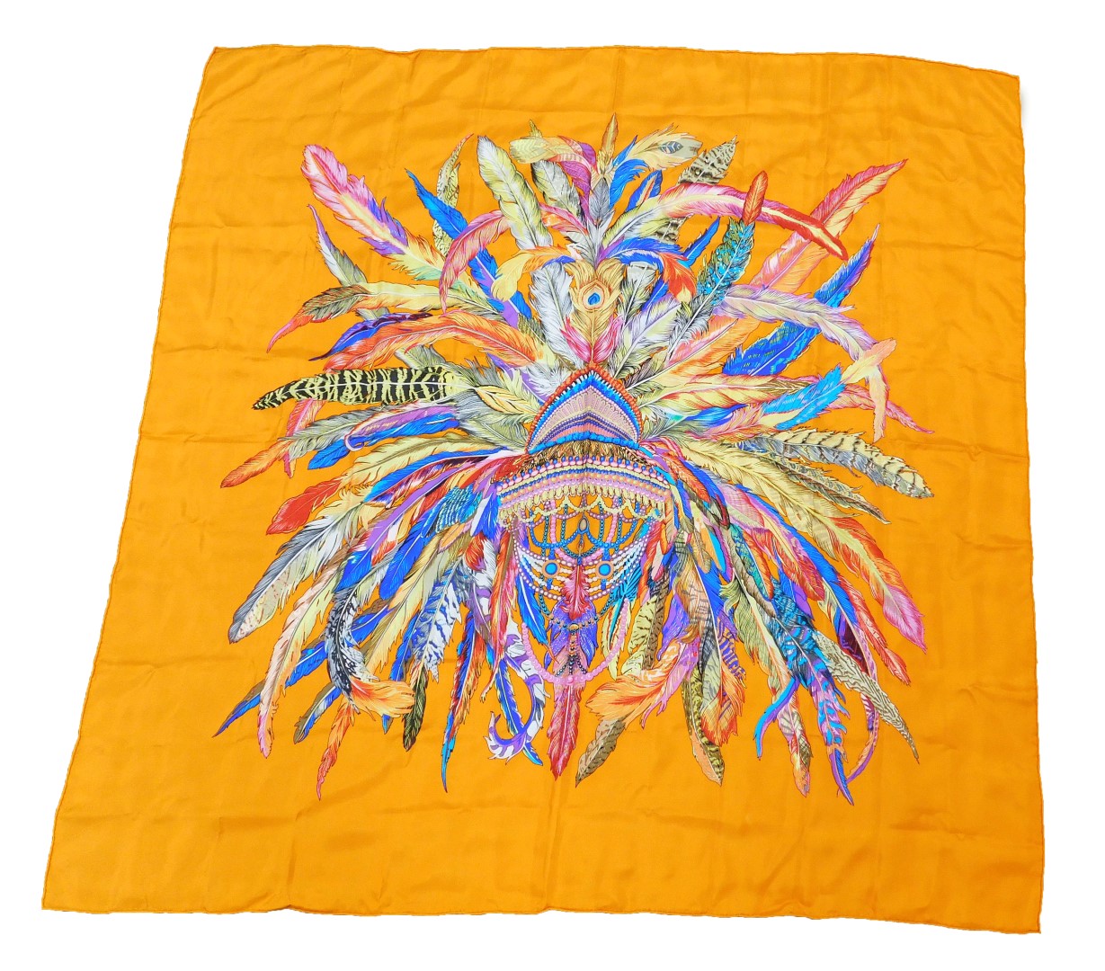 A Hermes orange silk scarf, decorated with a bejewelled and feather strewn head dress, boxed, 128cm - Image 2 of 2