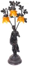 An Art Nouveau style bronzed plaster figural table lamp, modelled as a lady with a bowl of fruit, st