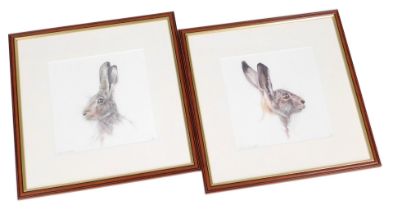 Mark Langley (British, 20th/21stC). Brown Hare, Brown Hare II head studies, pair of limited edition