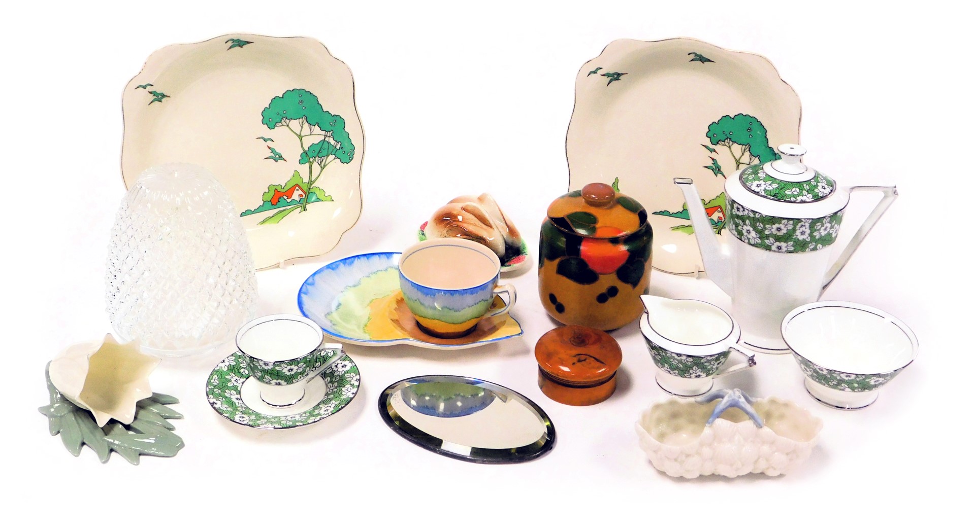 A Coalport Art Deco porcelain solitaire coffee set, Clifton pottery jar and cover, Grainger and Comp