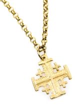 A cross pendant, impressed to the reverse "Jerusalem", stamped 18k, on a 9ct gold belcher link neckc