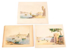 Joseph Galea (Maltese, b.1904) Views of Valetta and Sliema Harbours, watercolours, signed, 16.5cm x