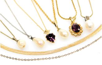 A 9ct gold thin flat bracelet, 2.3g, and various costume necklaces, cultured pearl pendant, etc.