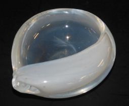 A Tapio Wirkkla glass dish, of curved opalescent and clear shell form, etched Tapio Wirkkla Littla,