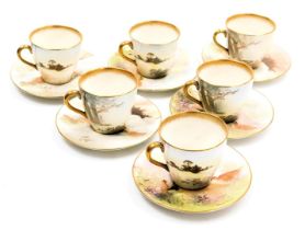 Six Royal Doulton porcelain cups and saucers, three depicting grouse and numbered BB3530 H4586, bear