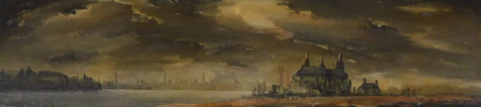 Edward M Elliott (British, 20thC). View of the Thames, oil on board, signed, 24.5cm x 101cm.