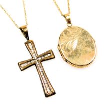 A 9ct gold cased oval locket, on fine chain and a 9ct gold crucifix set with tiny white stones on a