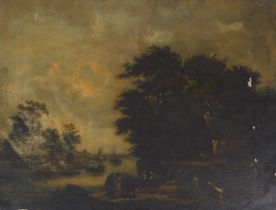 Continental School (18thC). River landscape with figures, windmill and trees, 70cm x 90cm.