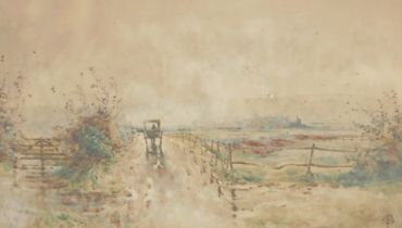 British School (19thC). Horse and cart on a track, in an autumn windy landscape, watercolour, monogr