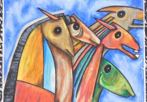 British School (late 20thC). surrealist study of horses, pastel, signed indistinctly, 49cm x 65cm.