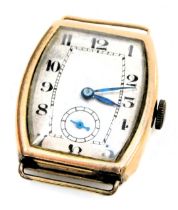 An Art Deco 9ct rose gold cased lady's watch head, oblong silvered dial, with engine turned decorati