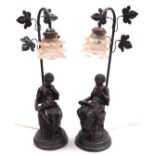 A pair of 19thC style simulated bronze table lamps, each modelled as a seated classical lady reading