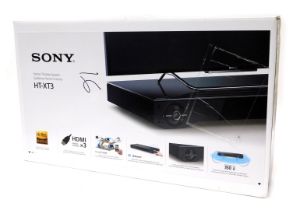 A Sony home theatre system, HT-XT3 boxed, 8cm high, 75cm wide, 35cm deep.