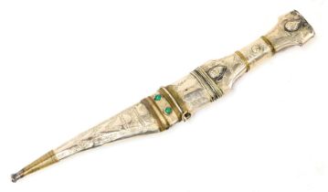 A Yemeni dagger, with an embossed and engraved white metal handle, with wire banding, steel blade, i