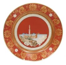 A mid 19thC Sevres Etruscan red ground hard paste porcelain dessert plate, decorated with a ship in