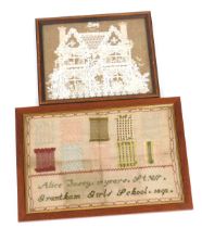 A late Victorian sampler, by Alice Josey, fourteen years, St. WI, Grantham Girls School 1892, displa