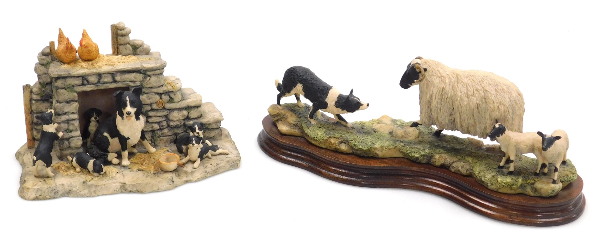 A Border Fine Arts sculpture of a sheep dog and sheep, designed by Ayres, raised on a wooden base, 2