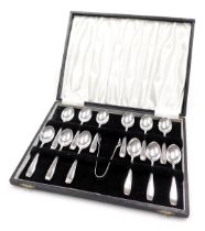 A set of twelve Elizabeth II silver coffee spoons, with sugar tongs, cased, Birmingham 1961, 5.39oz.