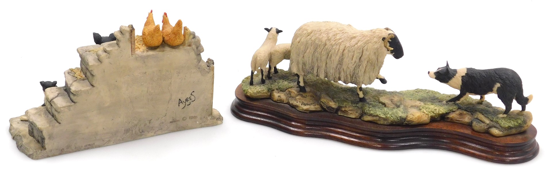 A Border Fine Arts sculpture of a sheep dog and sheep, designed by Ayres, raised on a wooden base, 2 - Image 2 of 4