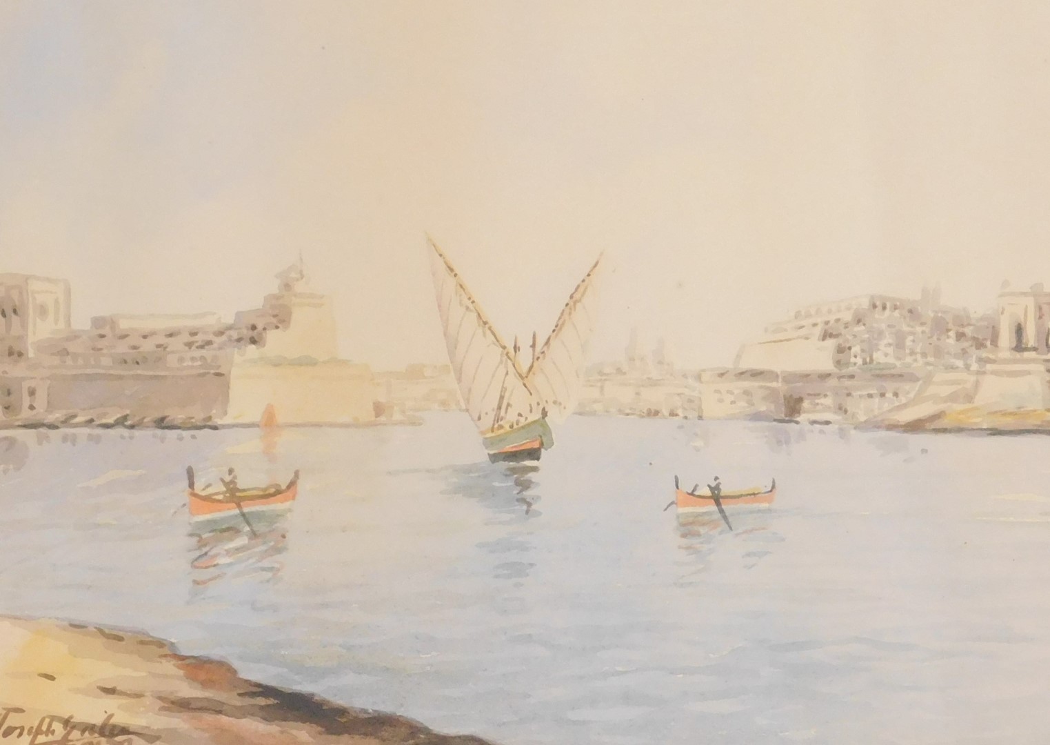 Joseph Galea (Malta, b.1904). Valetta harbour, watercolour, signed, 20cm x 27.5cm.