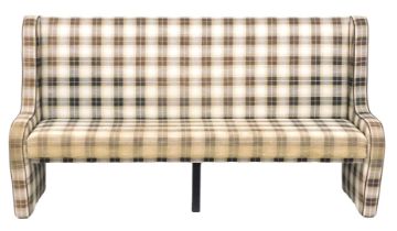 A four seater banquette, upholstered in brown tweed fabric, 201cm wide.