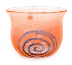 A Royal Krona Sweden glass vase, with a blue swirl and orange ground decoration, etched to base Kron