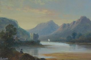 Manner of John Wilson Ewbank (British, 1799-1847). Scottish mountain landscape with a loch and castl