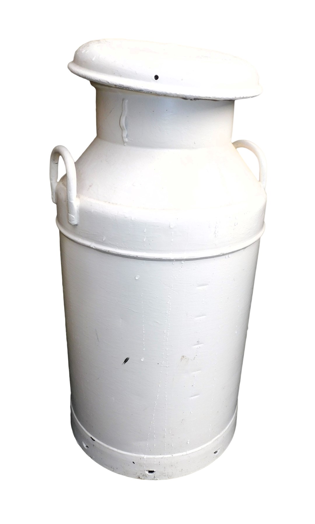 A cream painted metal milk churn, 71cm high.