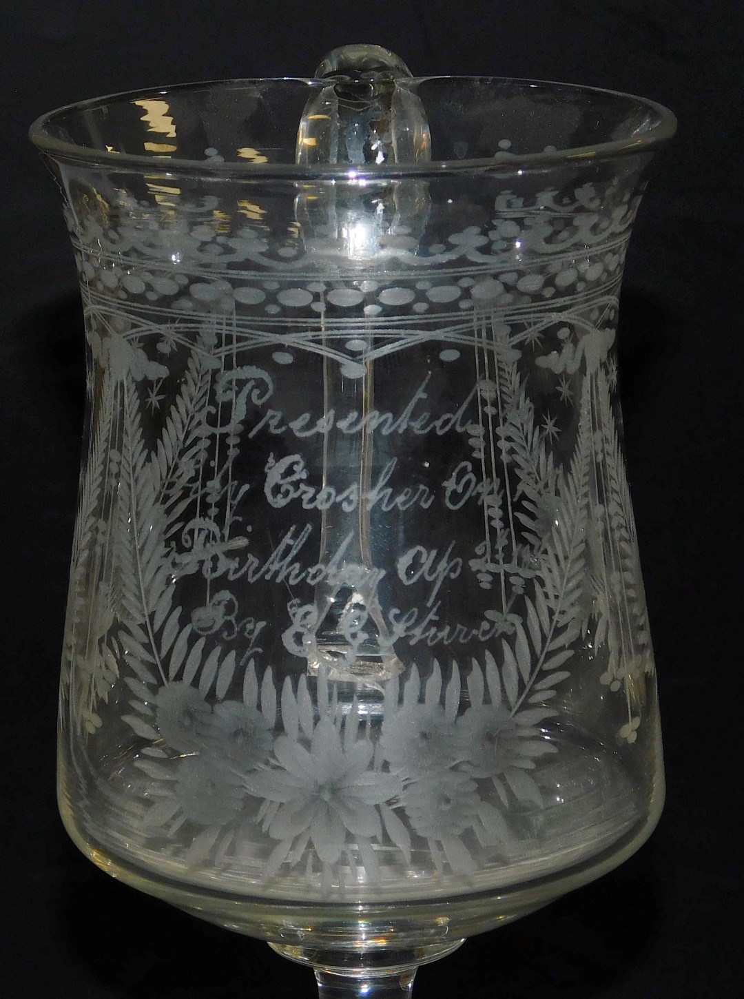 A late 19thC tankard, engraved with swags of flowers, and etched "Present to Lily Crocher on her bir - Image 2 of 2