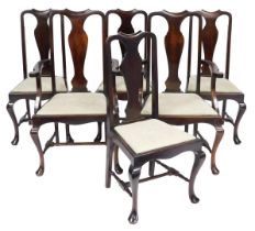 A set of six early 20thC Georgian style mahogany dining chairs, with drop in seats, raised on cabrio