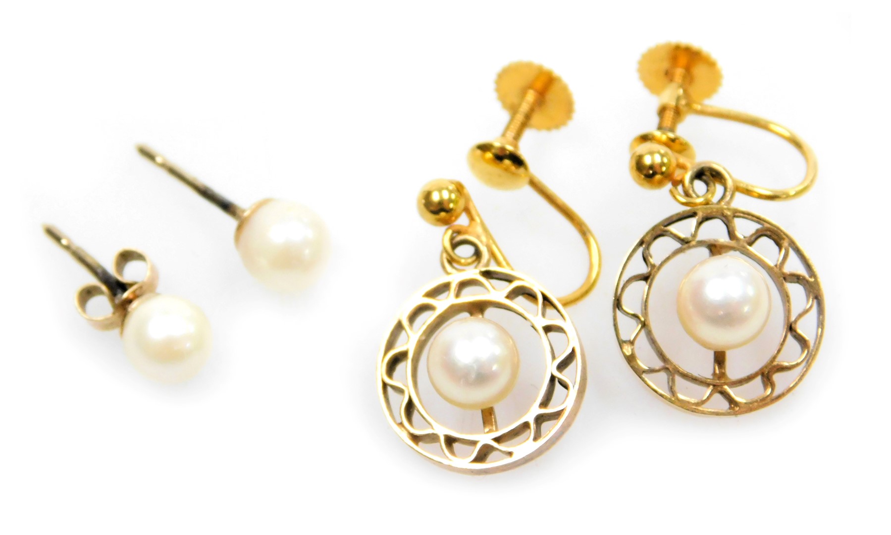 A pair of 9ct gold and and single cultured pearl earrings, and a further pair of cultured pearl earr