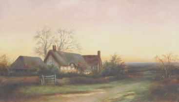 British School (Early 20thC). Thatched farmstead in a country landscape, oil on canvas, monogrammed,