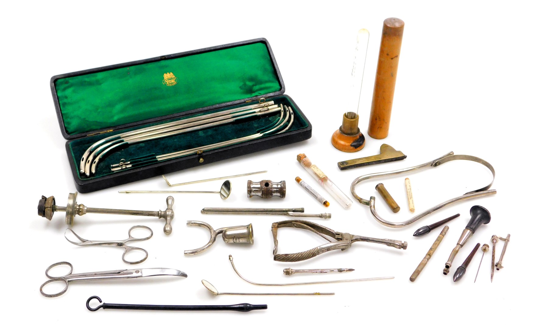 A set of late 19thC Arnold and Sons silver plated catheters, cased, and surgical tools including a J