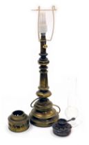 A brass table lamp, possibly converted from an oil lamp base, 61cm high, together with oil lamp fitt