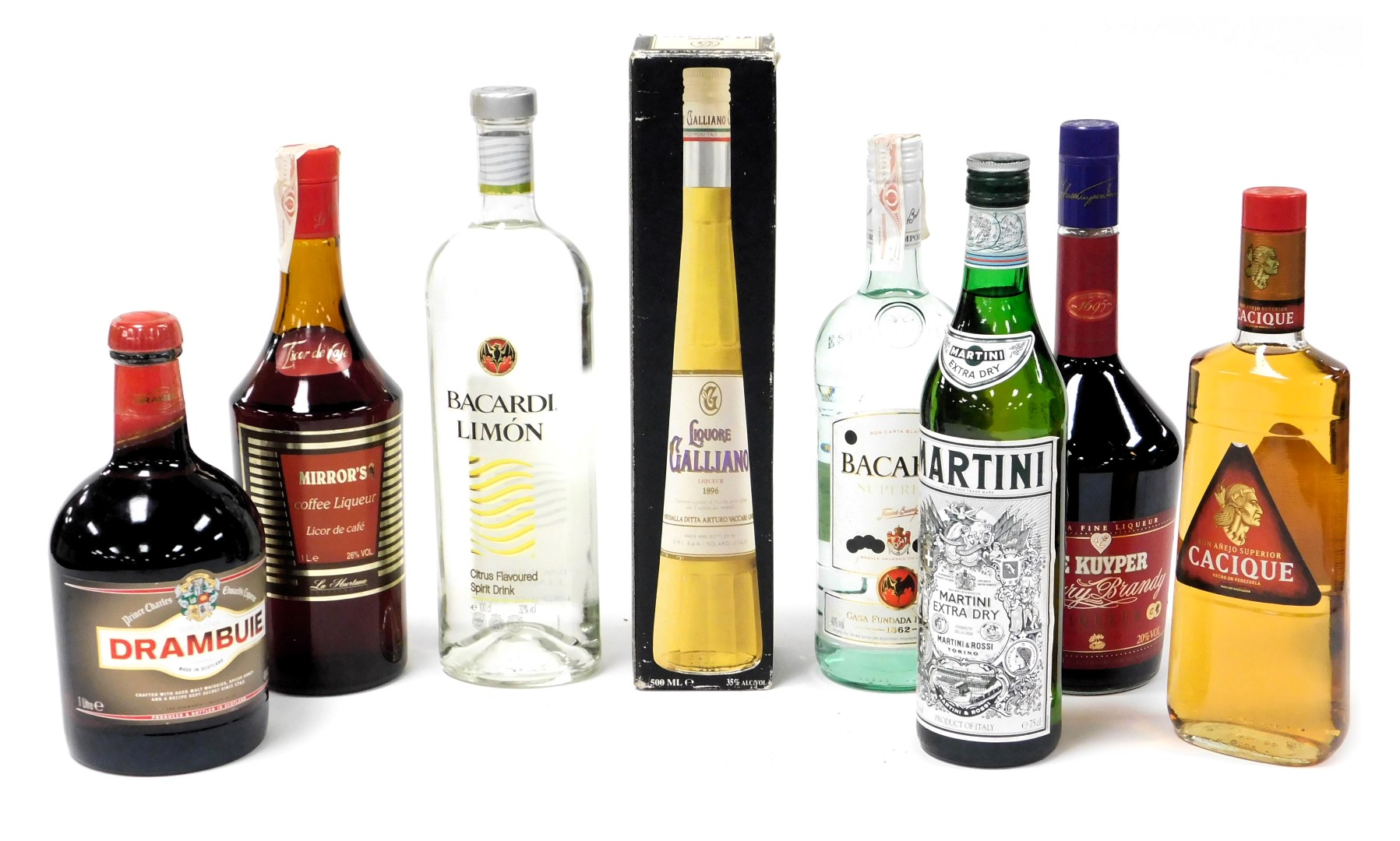 Alcohol. comprising Bacardi Limon, Martini Extra Dry, Bacardi Superior, De Kuyper Cherry Brandy, Mir