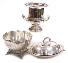 Plated wares, comprising a twin handled wine cooler, circular fruit bowl with engraved decoration, r