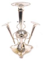 A Victorian silver plated epergne, with a tall central trumpet, flanked by three smaller trumpets, o