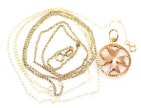 A 9ct rose gold Maltese cross pendant, together with neck chains, 3.2g.