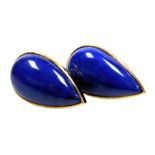 A pair of lapis lazuli earrings, of teardrop form, set in yellow metal, stamped 18k and 750, makers