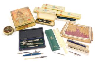 Fountain pens and drawing instruments, including a Parker Maxima Duofold fountain pen in green, boxe